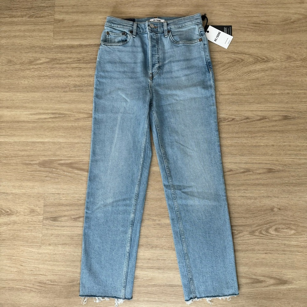 NWT re/done 70s stove pipe light blue high rise straight cutoff denim jeans